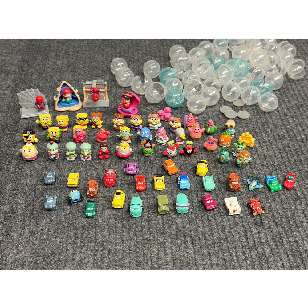 Squinkies Lot 65pc Spongebob Disney Cars Marvel Figures 50 Capsules Tokens